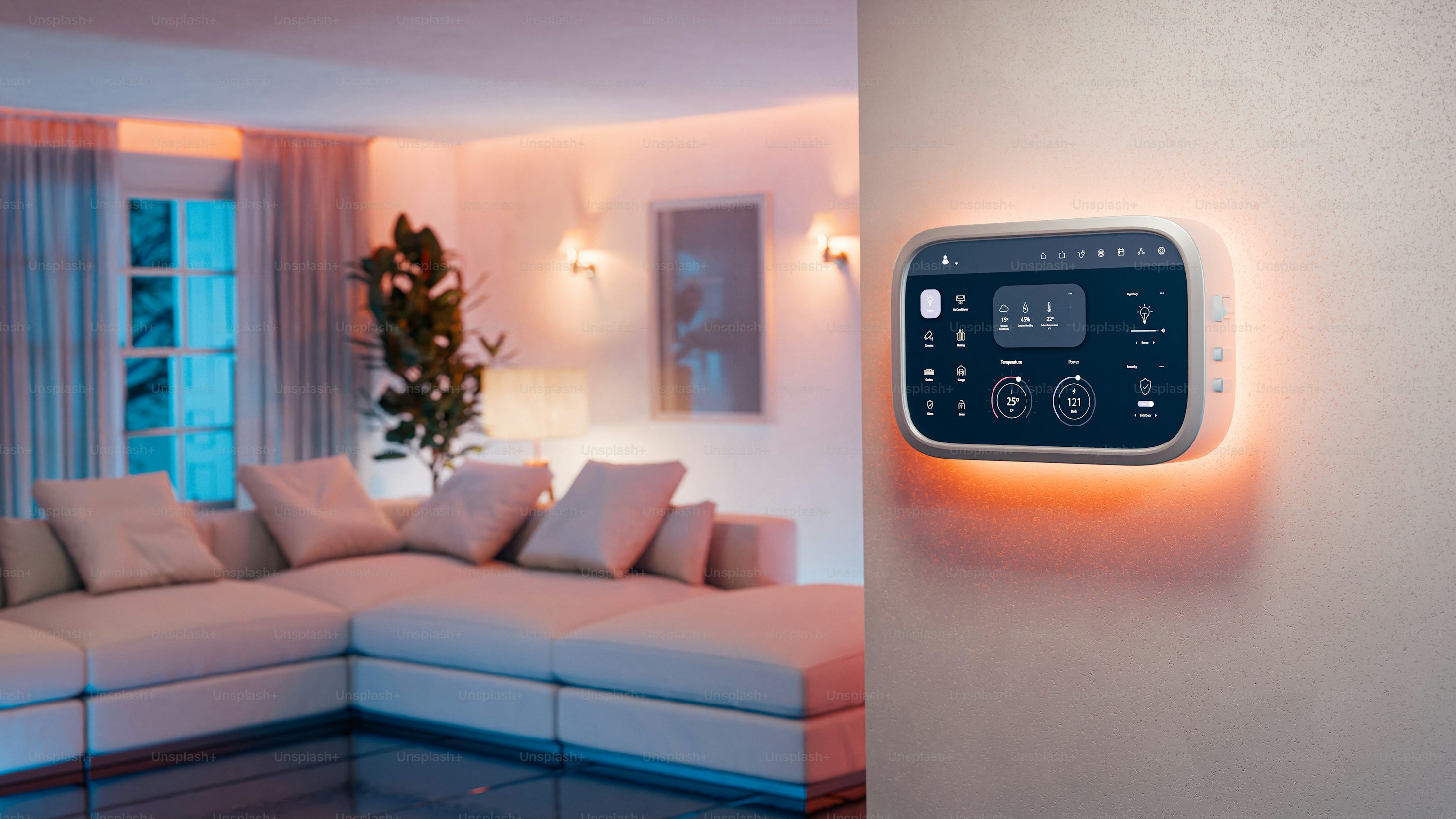 Smart home living room with automated lighting and control panel